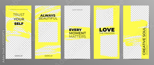 Story template for social media. Place for your photos or text. Yellow brush stroke on transparent background.