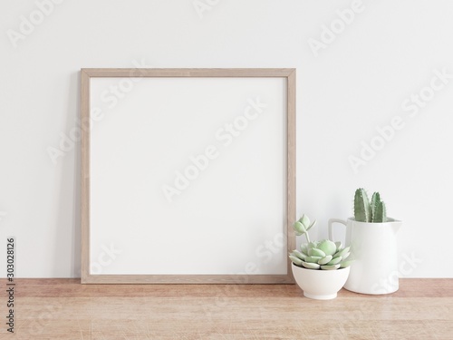 Fototapeta Naklejka Na Ścianę i Meble -  Square wooden frame mock up with green cactus. 3D illustrations.