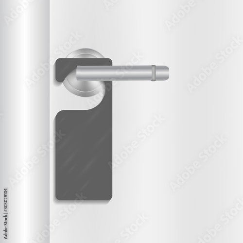 Do not disturb 3d black sign hanging on white door handle in the hotel vector illustration template. Guest privacy while travelling advertising. Warning card to prevent interference, room service.