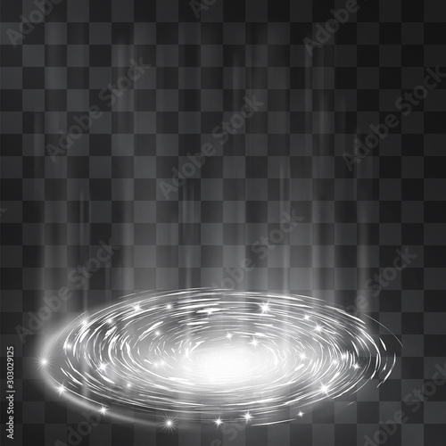 Laser stream portal funnel light silver white effect. Vector glowing swirling vortex podium of shining stardust sparkles on transparent background. Glittering flashes of magical stage illumination.
