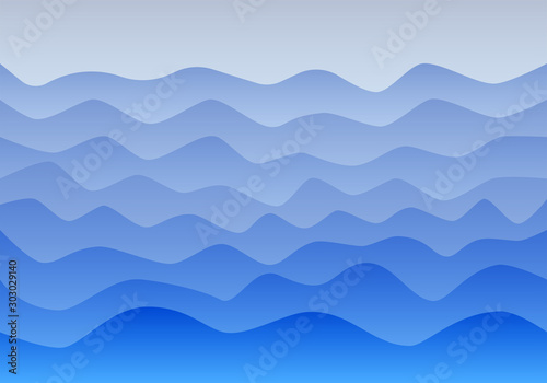 Sea waves marine flat landscape vector background. Blue gradient color hypnotic smooth undulations, peaceful landscape for brochure and booklets design, vacations and tourism and meditation flyers.