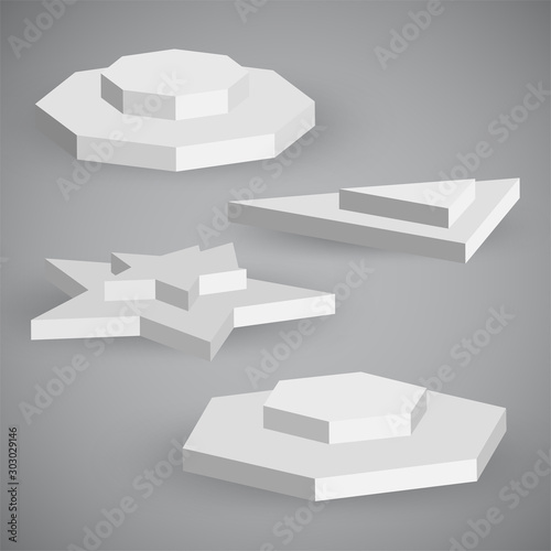 Three dimensional white stairs set, plastic vector steps, fame, celebrity symbol. Podium icon, success, progress, presentation winning isolated on white. Triangle and hexagon climbing career stairways