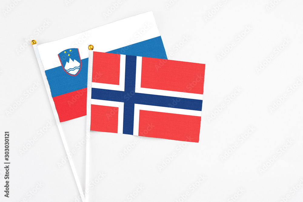 Norway and Slovenia stick flags on white background. High quality fabric, miniature national flag. Peaceful global concept.White floor for copy space. Norway and Slovenia stick flags on white background. High quality fabric, miniature national flag. Peaceful global concept.White floor for copy space.