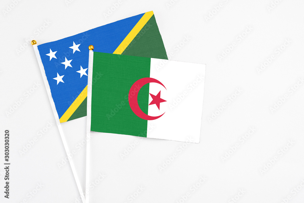 Algeria and Solomon Islands stick flags on white background. High quality fabric, miniature national flag. Peaceful global concept.White floor for copy space. Algeria and Solomon Islands stick flags on white background. High quality fabric, miniature national flag. Peaceful global concept.White floor for copy space.