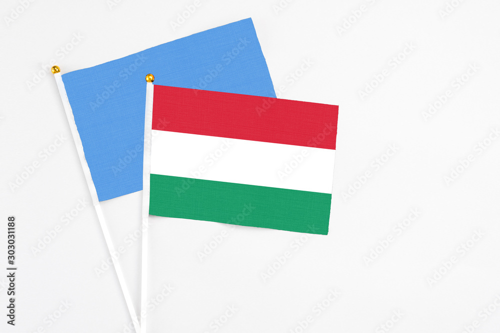 Hungary and Somalia stick flags on white background. High quality fabric, miniature national flag. Peaceful global concept.White floor for copy space. Hungary and Somalia stick flags on white background. High quality fabric, miniature national flag. Peaceful global concept.White floor for copy space.