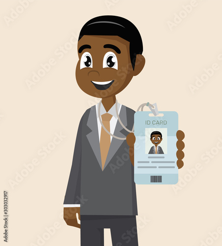 Cartoon character, African Businessman shows his tag badge id card.