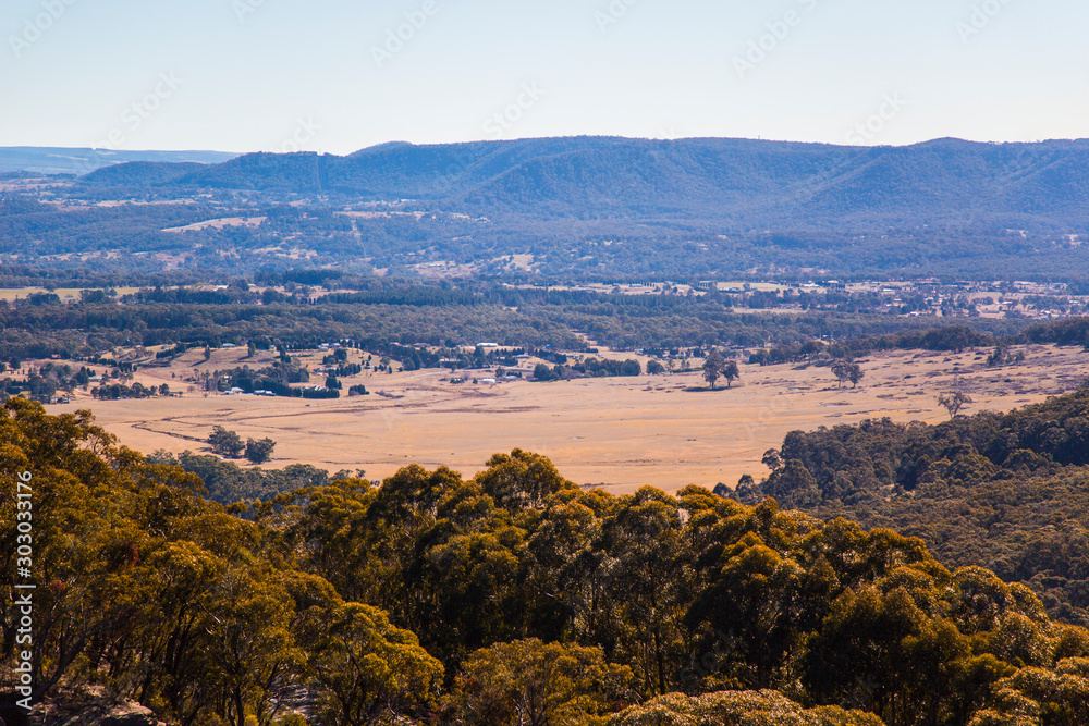 View from lookout into mountain valley in Australia