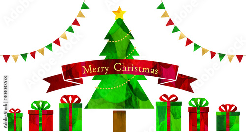 イラスト_クリスマス_ツリー_クリスマスプレゼント_ガーランド_ベクター_切り絵風