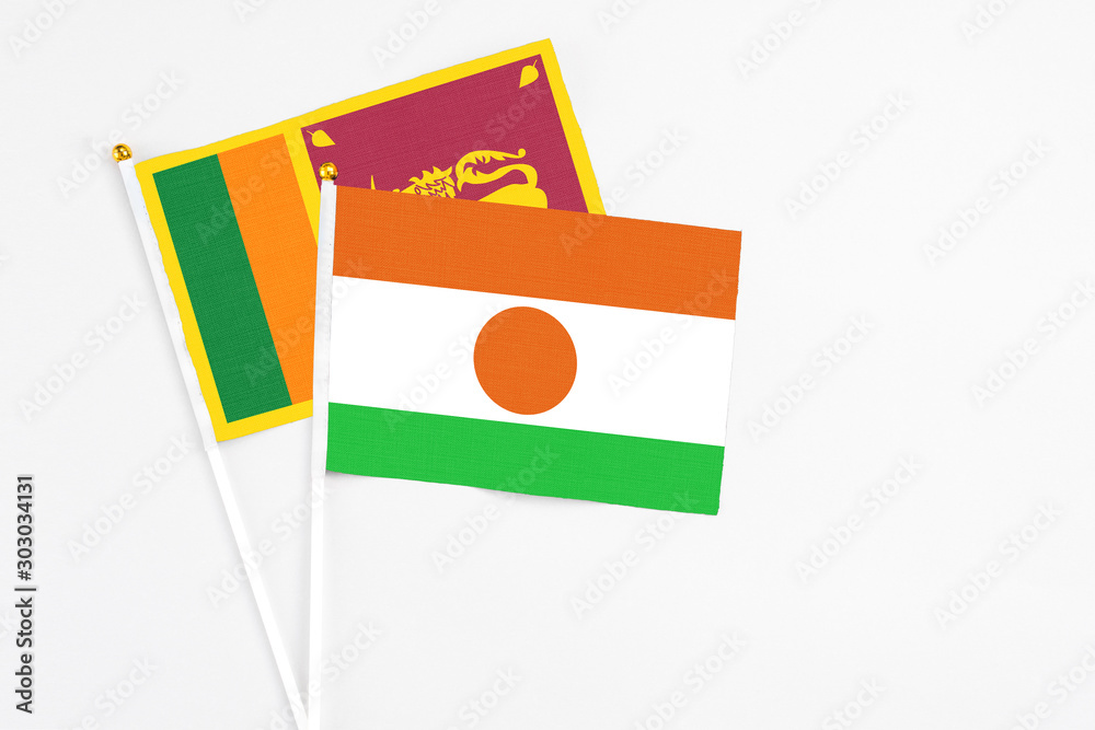 and Sri Lanka stick flags on white background. High quality fabric, miniature national flag. Peaceful global concept.White floor for copy space. and Sri Lanka stick flags on white background. High quality fabric, miniature national flag. Peaceful global concept.White floor for copy space.
