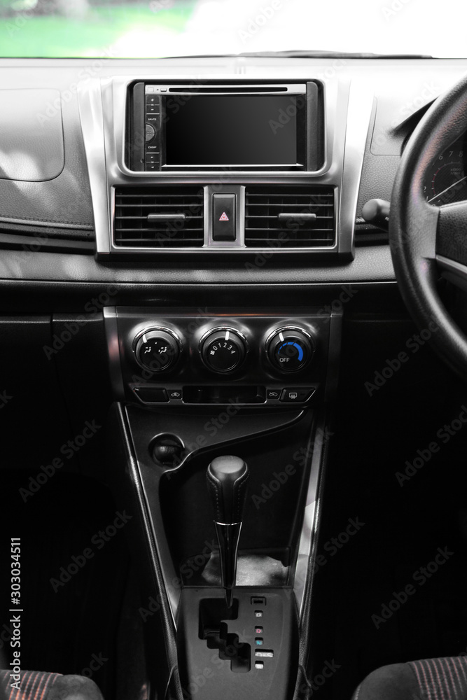 close up equipment car interior at console, close up indoor black japanese car