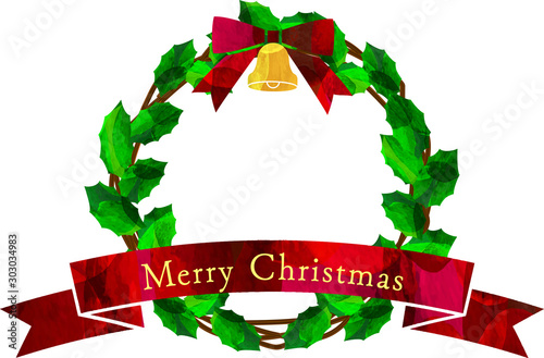 イラスト_クリスマスリース_オーナメント_蔓_リボン_柊_ベクター_切り絵風
