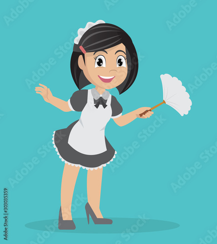 Cartoon character, Girl holding duster cleaning.
