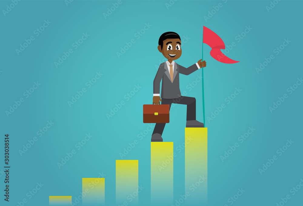 Εκτύπωση καμβά Cartoon character, African Businessman holding a flag on top of the column graph