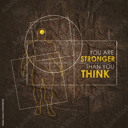 Bodybuilder and geometry shapes. Icon of the posing athlete. You are stronger than you think text. Gym and fitness motivation quote. Creative typography poster concept.