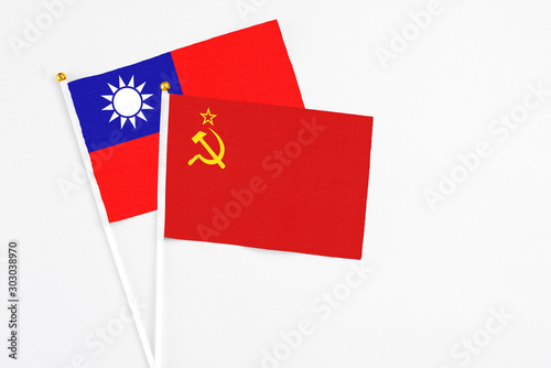 Free Download Soviet Union and Taiwan stick flags on white background. High quality fabric, miniature national flag. Peaceful global concept.White floor for copy space. - GFXLoad