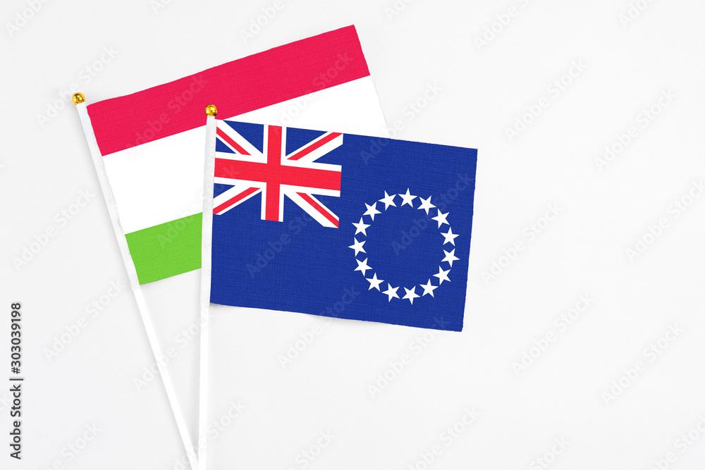 Cook Islands and Tajikistan stick flags on white background. High quality fabric, miniature national flag. Peaceful global concept.White floor for copy space.