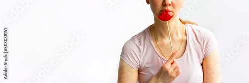 Photos Lower part part of woman face with Red bubbles of virus herpes on her mouth, she hides with red lips on slick for party, Zoster, Cold, Medicine, Treatment