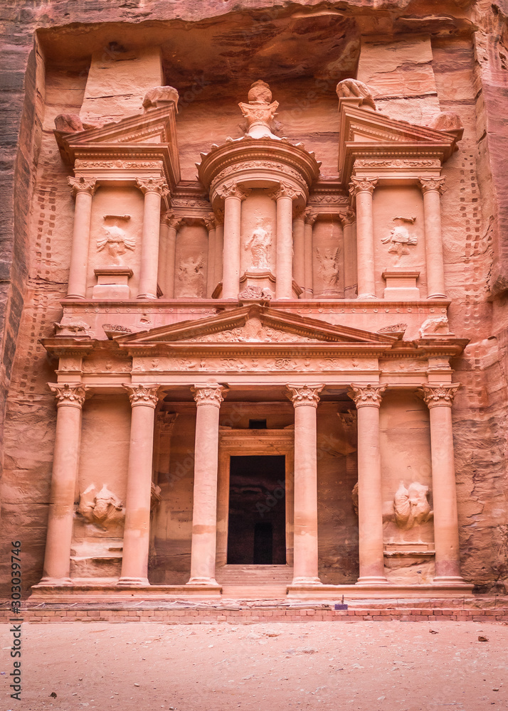 The facade of Treasury temple (Al Khazneh), Petra Jordan