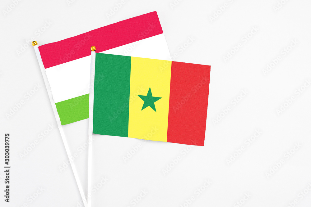 Senegal and Tajikistan stick flags on white background. High quality fabric, miniature national flag. Peaceful global concept.White floor for copy space. Senegal and Tajikistan stick flags on white background. High quality fabric, miniature national flag. Peaceful global concept.White floor for copy space.