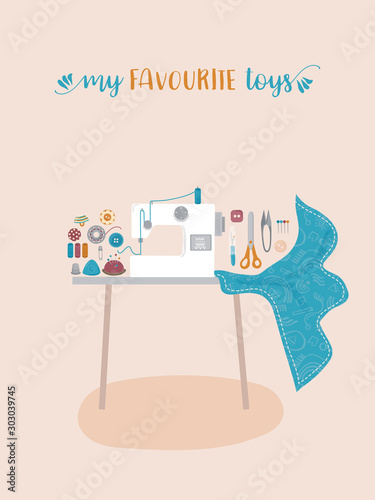 Set of cute vector illustration of sewing machine, sewing equipment, tools on a table for card, poster, flyer, cover, banner and other use.