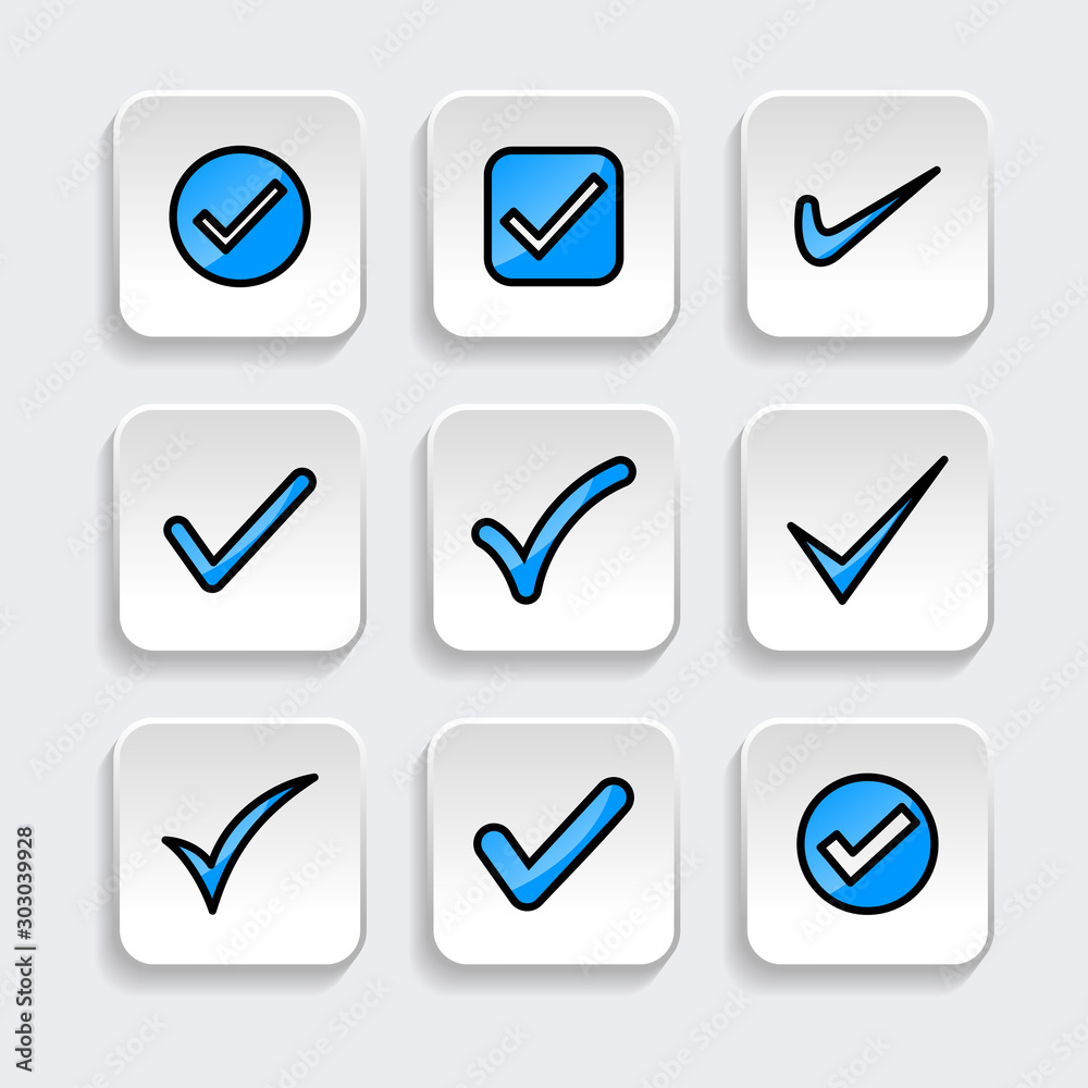 Set of check mark icon. symbol of check list, approval, or confirm with trendy filled line style icon for web site design, logo, app, UI isolated on white background. Vector Illustration Set of check mark icon. symbol of check list, approval, or confirm with trendy filled line style icon for web site design, logo, app, UI isolated on white background. Vector Illustration
