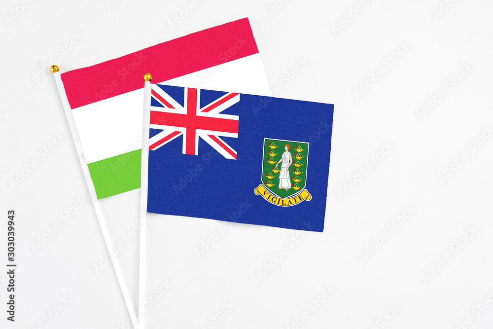Fototapeta premium British Virgin Islands and Tajikistan stick flags on white background. High quality fabric, miniature national flag. Peaceful global concept.White floor for copy space.