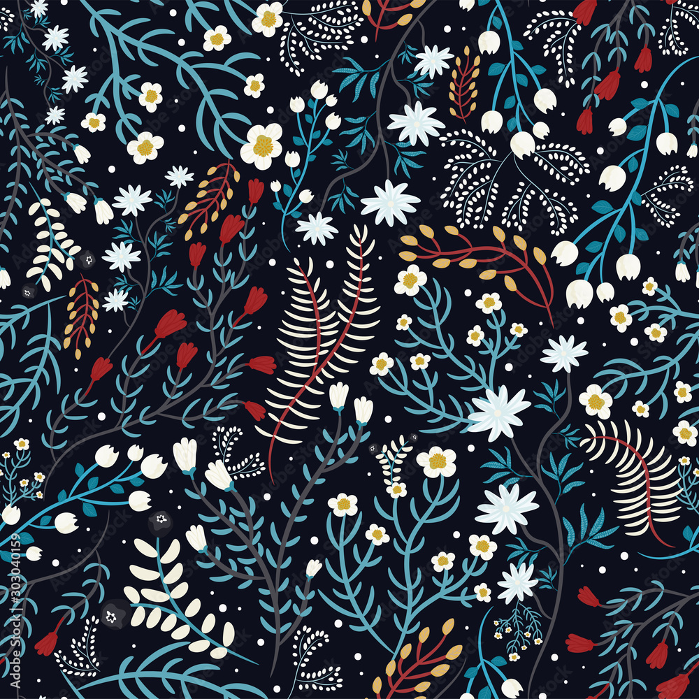 Elegant seamless floral pattern with hand drawn flowers, leaves, berries on dark background. Colorful botanical wallpaper, print with hand-drawn meadow plants. Original design. Vector illustration. Elegant seamless floral pattern with hand drawn flowers, leaves, berries on dark background. Colorful botanical wallpaper, print with hand-drawn meadow plants. Original design. Vector illustration.