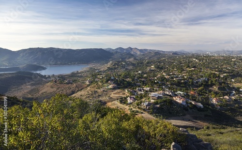 Southern California Landscape View of Forested Hills and Blue Lake Hodges in San Diego North County Inland from Summit of Bernardo Mountain in Poway