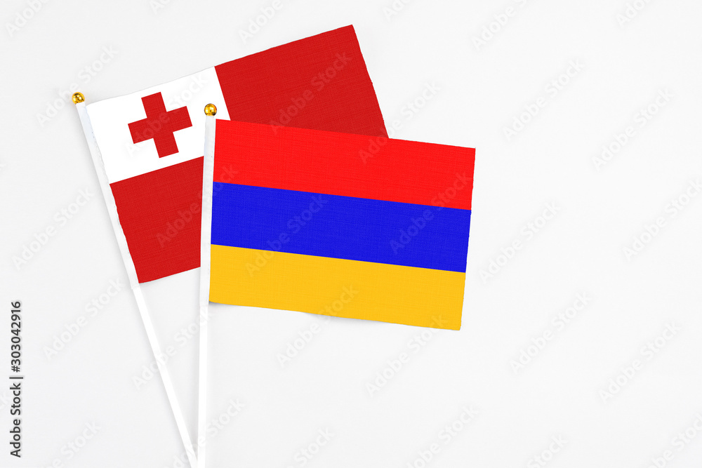 Armenia and Tonga stick flags on white background. High quality fabric, miniature national flag. Peaceful global concept.White floor for copy space.