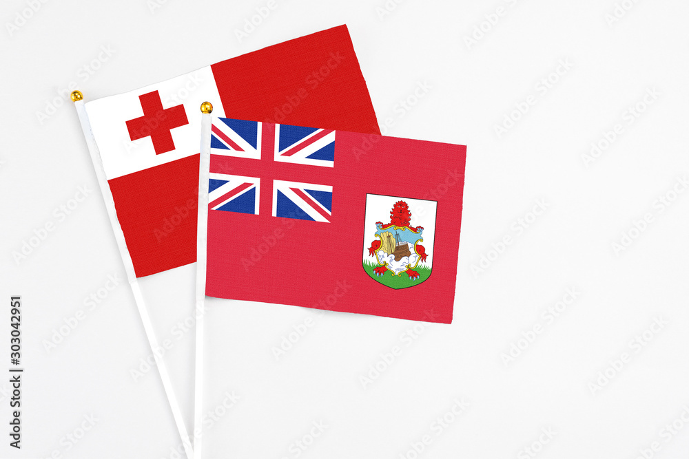 Bermuda and Tonga stick flags on white background. High quality fabric, miniature national flag. Peaceful global concept.White floor for copy space.