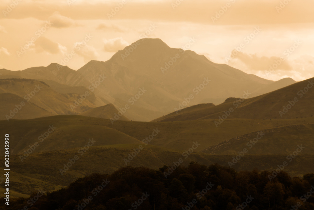 Landscape from Urkulu peak, mountains and jungle of Irati in autumn. Aezkoa and Salazar Valley in the Pyrenees, Navarra. Spain.