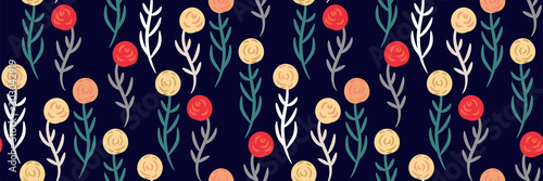 Abstract painted colorful roses on a dark blue background. Seamless floral print. Modern vintage design. Elegant Botanical pattern with red, white, orange...flowers. Vector illustration.