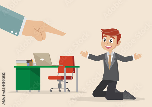 Cartoon character. Businessman hand point up selected man.