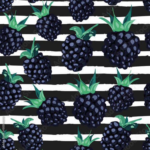 Blackberries on a striped background. Floral seamless pattern. Template for fashion prints, Wallpapers, fabrics, postcards... Creatve design. Hand drawn vector illustration.