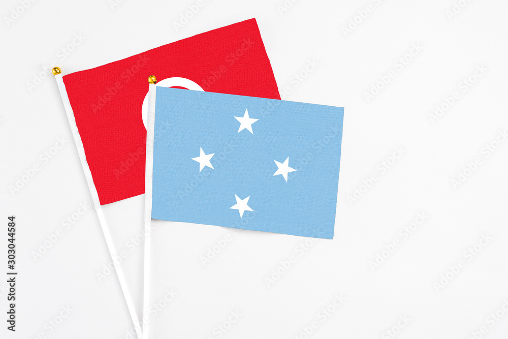 Micronesia and Tunisia stick flags on white background. High quality fabric, miniature national flag. Peaceful global concept.White floor for copy space. Micronesia and Tunisia stick flags on white background. High quality fabric, miniature national flag. Peaceful global concept.White floor for copy space.
