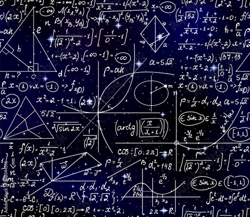 Space scientific vector seamless pattern with handwritten mathematical formulas, plots and calcuations