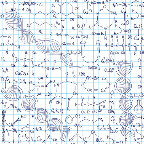 Chemistry and biology educational vector seamless pattern with handwritten formulas and dna strands, molecular equations, handwritten on a grid copybook paper