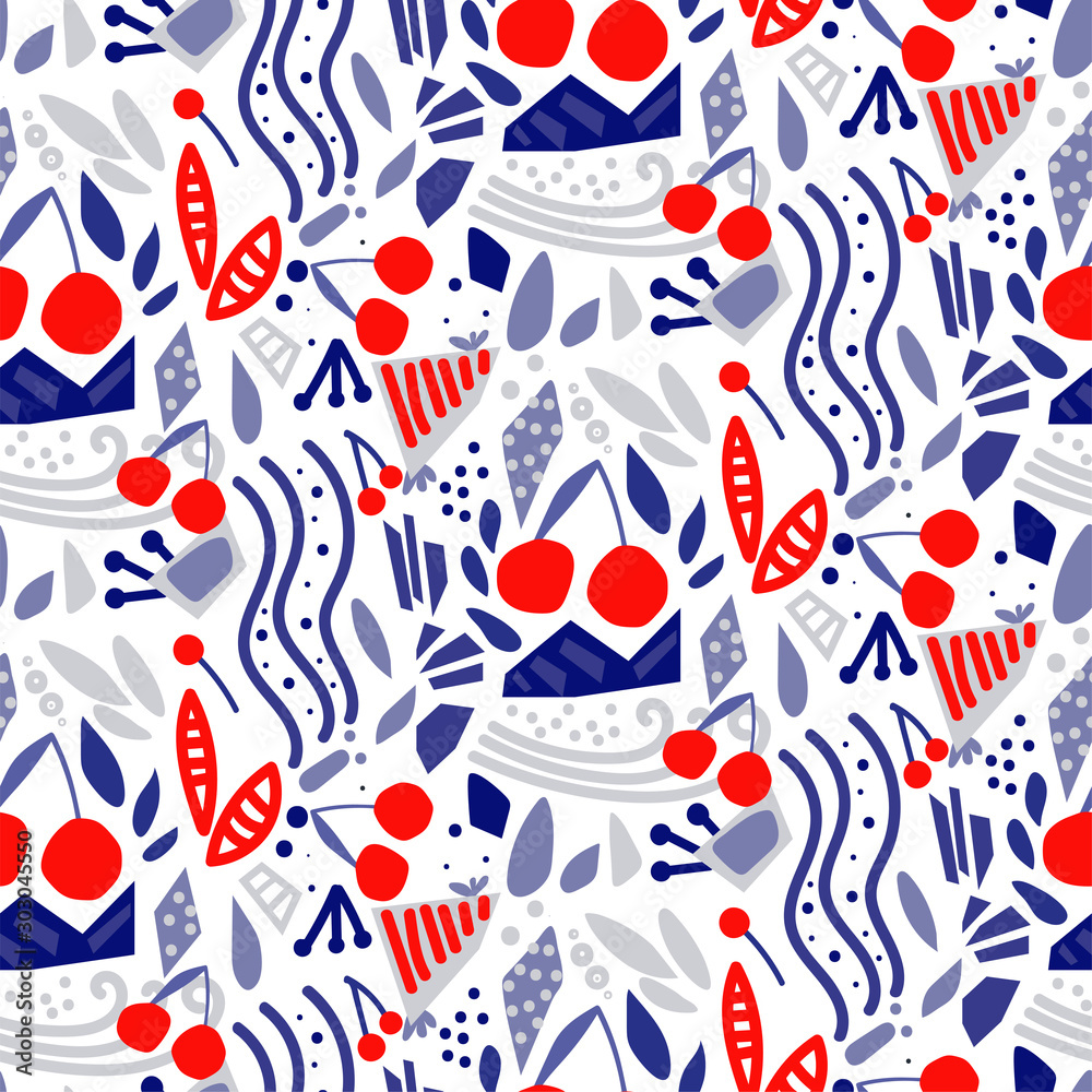 Creative seamless pattern with red cherry, leaves, various geometric shapes on white background. Fruit repeated background. Vector abstract bright print for fabric, posters or wallpaper. Creative seamless pattern with red cherry, leaves, various geometric shapes on white background. Fruit repeated background. Vector abstract bright print for fabric, posters or wallpaper.