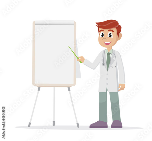 Cartoon character, doctor pointing a whiteboard.