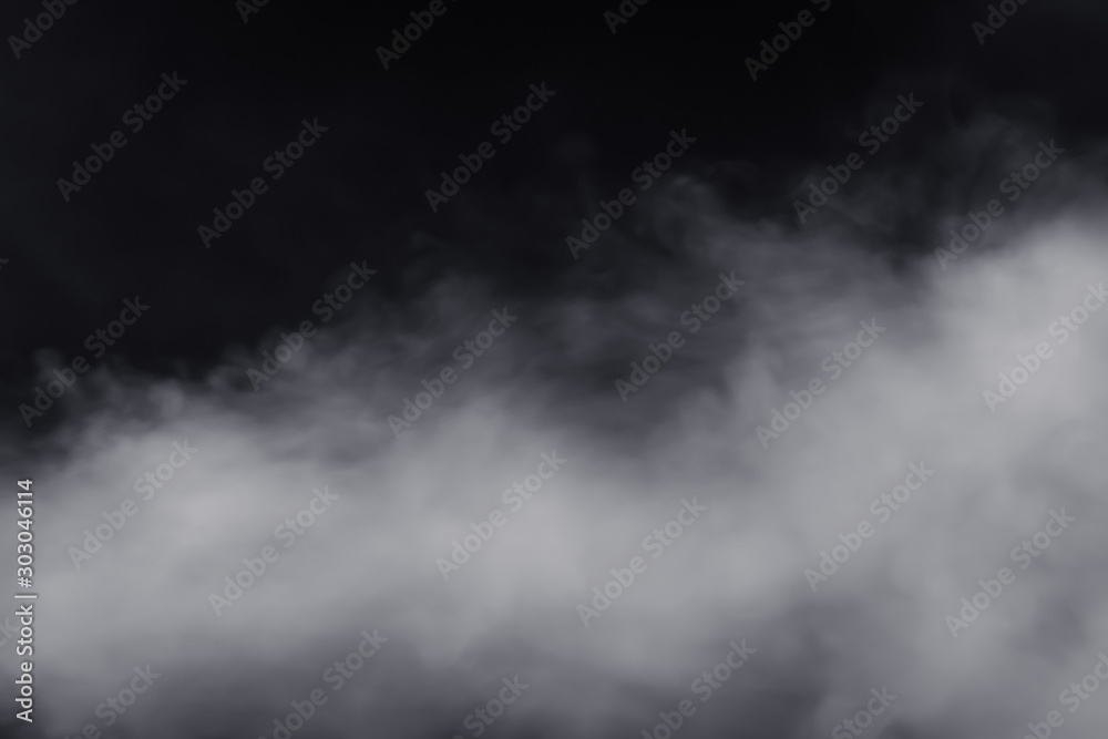 Smoke dry ice move down nearly floor with massive size, have hard contrast on black background. Move spread around in the air