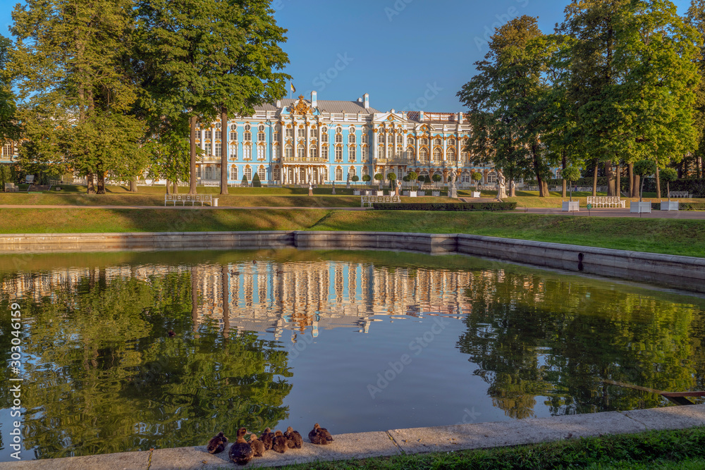 Catherine Palace in the Palace and Park complex in Tsarskoye Selo on a summer morning. Pushkin, Saint Petersburg, Russia