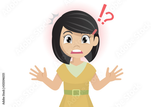 Cartoon character, girl stands in shock.