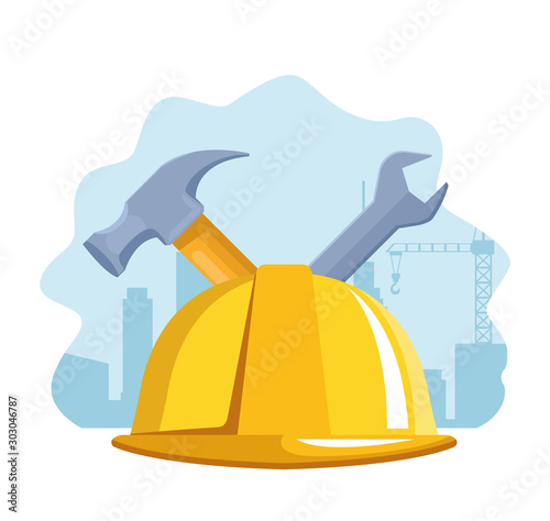 safety helmet with hammer and wrench, colorful design