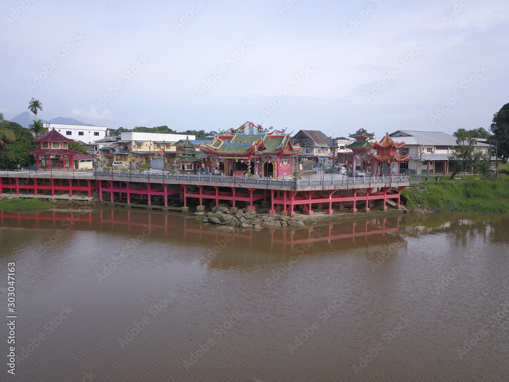 Kuching, Sarawak / Malaysia - November 16 2019: The Chinese temple, buildings and scenery of the old Batu Kawa village of Kuching, Sarawak, Malaysia