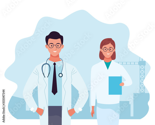 cartoon doctor man and nurse, colorful design