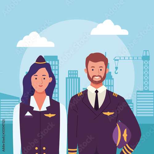 cartoon air hostess and pilot over urban city buildings scenary background