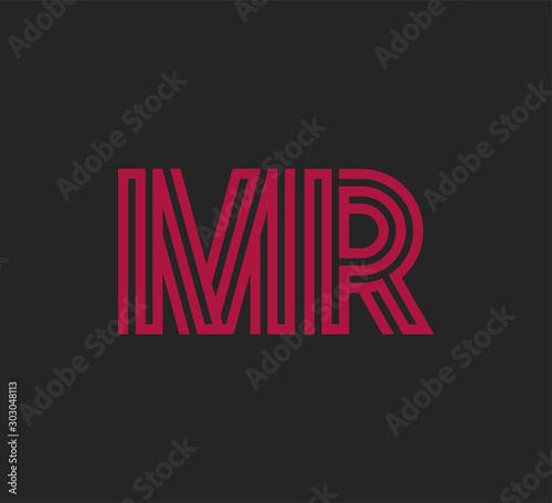 Initial two letter red line shape logo on black vector MR