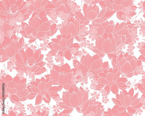 Floral lace pattern with Lotus flowers. Seamless pattern for fabric decor, design, packaging, web and multimedia.
