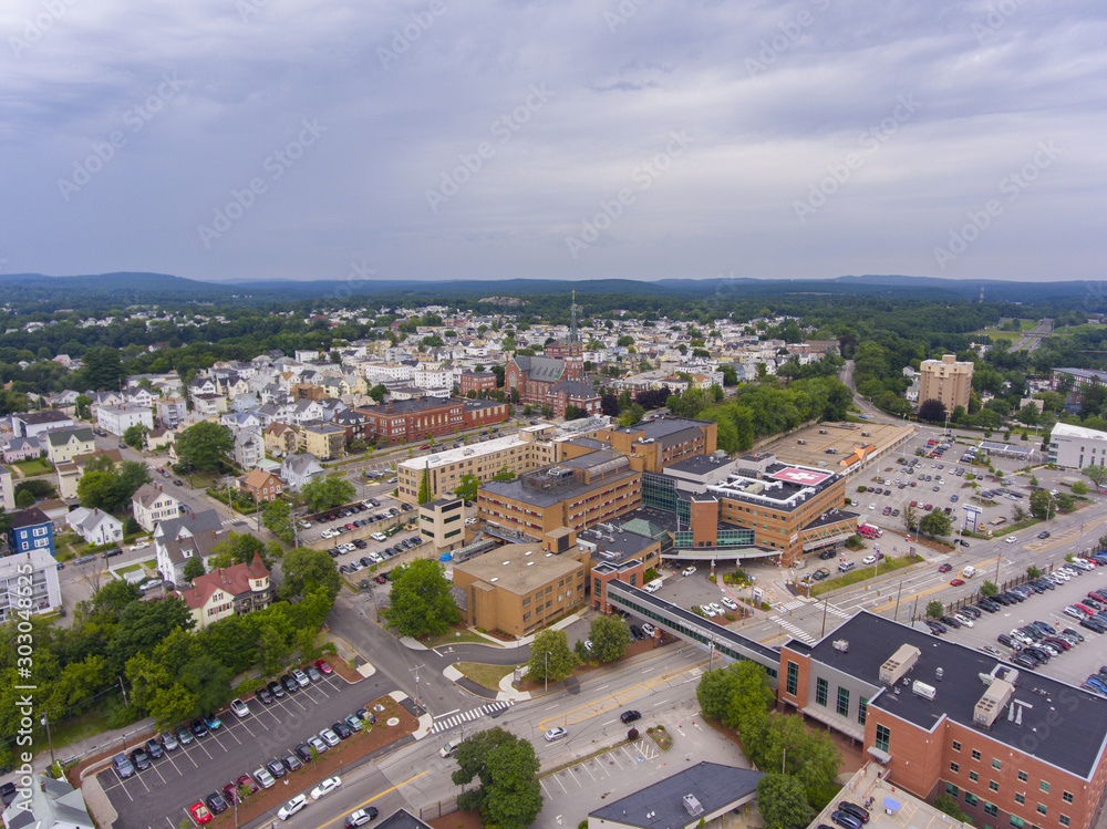Manchester historic downtown and Elm Street with Merrimack River at the background aerial view, Manchester, New Hampshire, NH, USA.