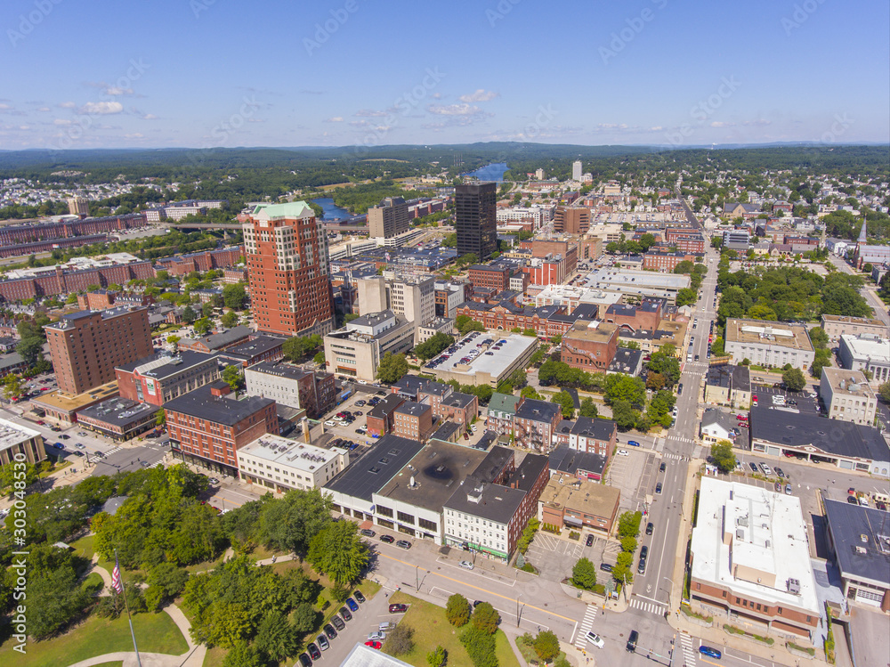 Manchester downtown building including City Hall Plaza and Brady Sullivan Plaza with Merrimack River at the background aerial view, Manchester, New Hampshire, NH, USA.
